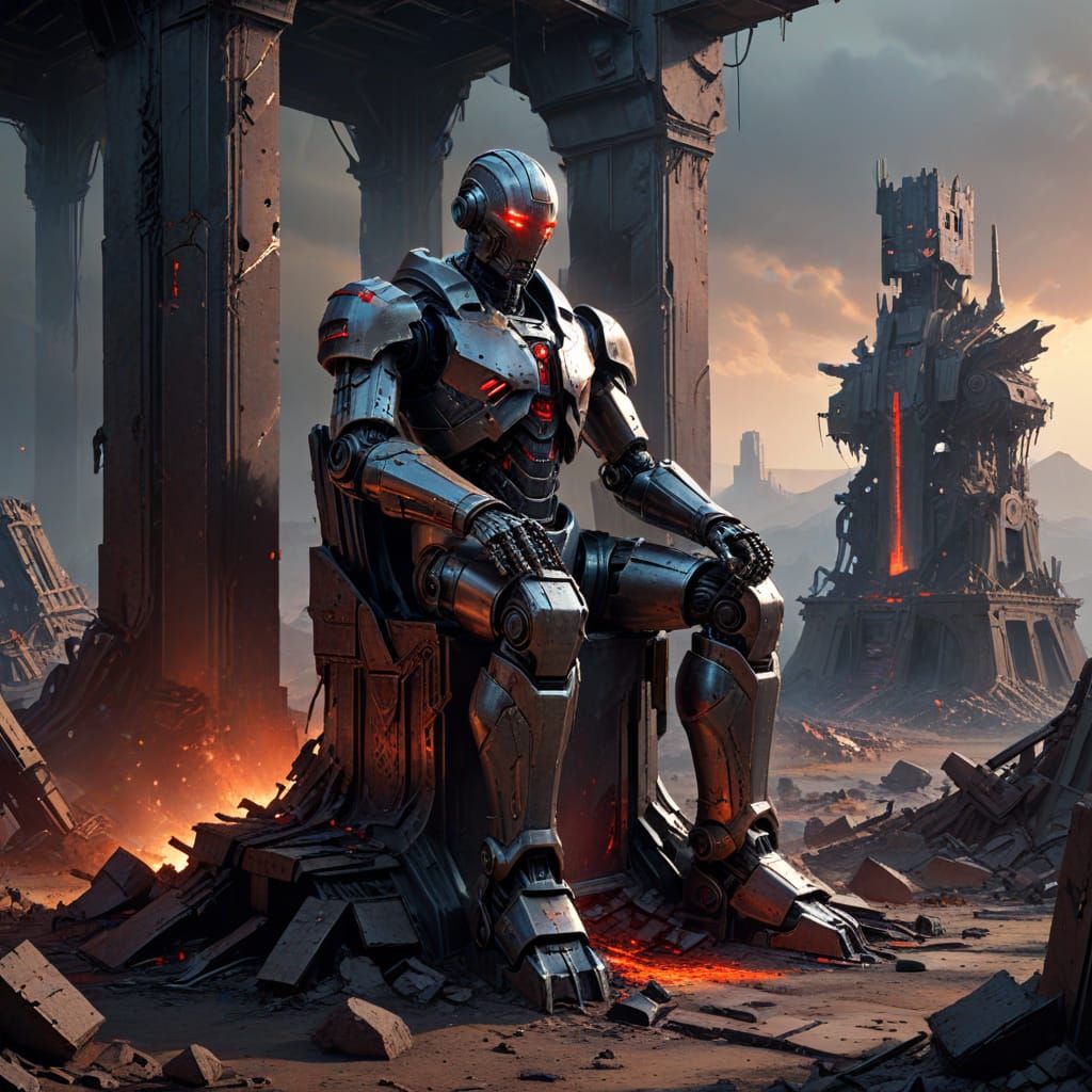 Robot King on Throne in Ruined City Concept Art