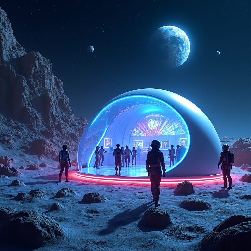 A futuristic sci-fi scene featuring a sleek, domed moon club...