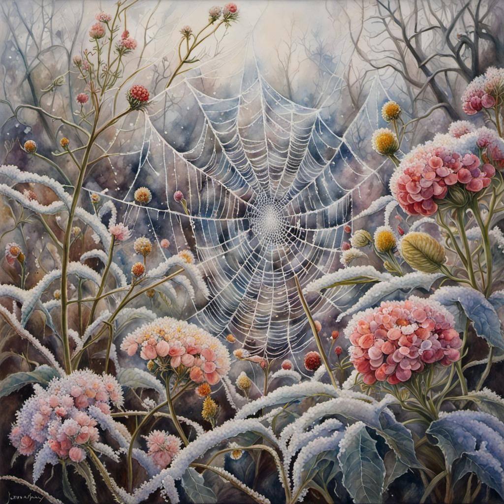 In the winter garden, frosty spiderweb between the last summer flowers  by @FleurTerreur