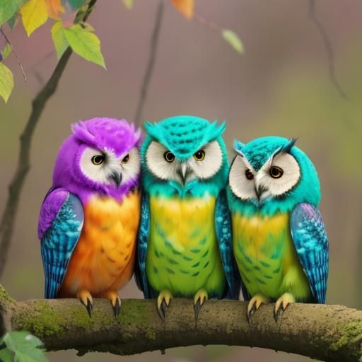 3 cute colorful fluffy owls sitting on a branch.