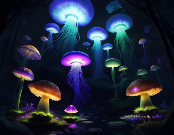 jellyfish floating through a toadstool forest at night in th...