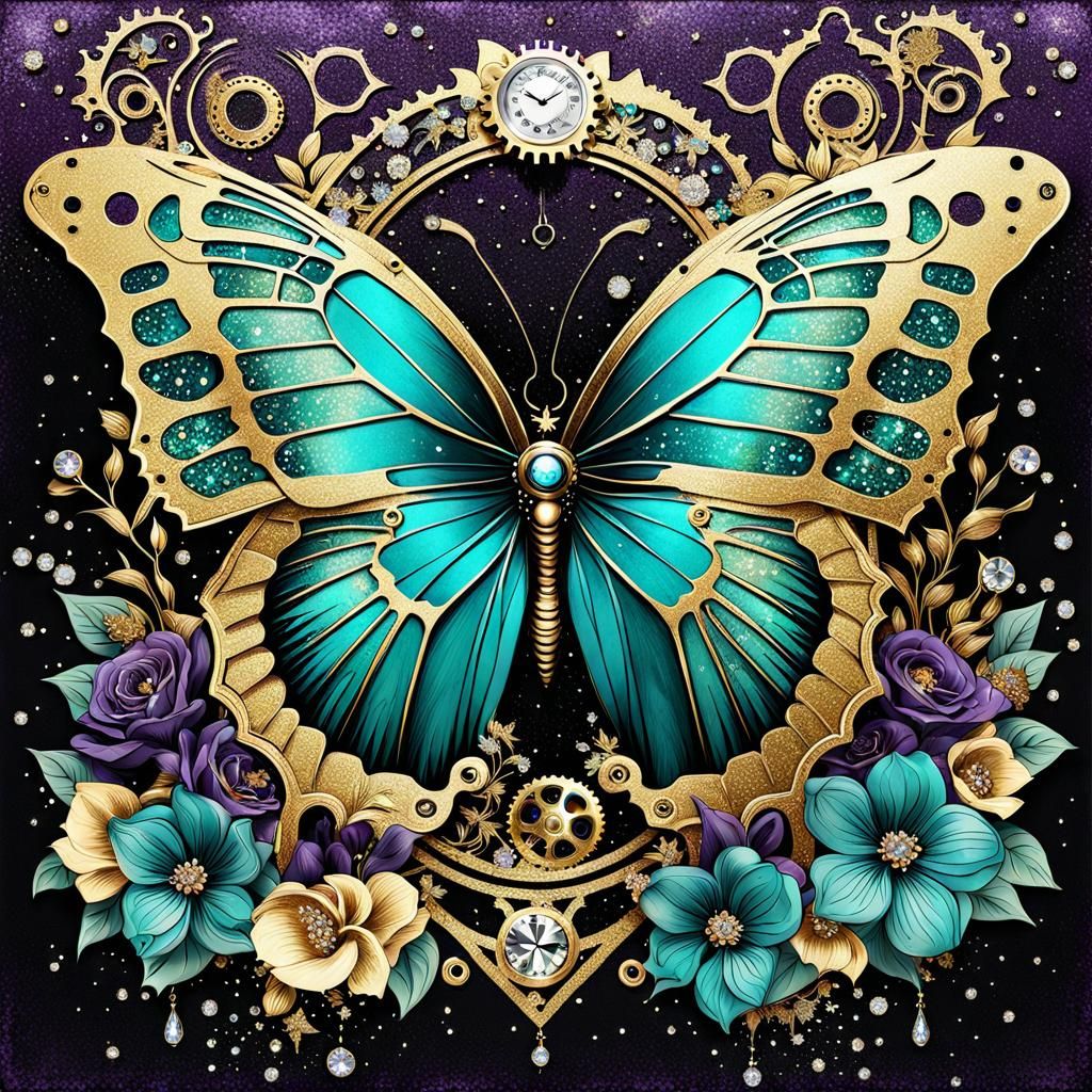 steampunk of teal, gold, purple, aqua butterfly surrounded b...