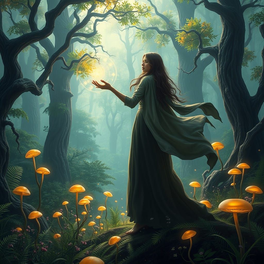 Enchanted Sorceress in a Lush, Vibrant Forest in Detailed Ma...
