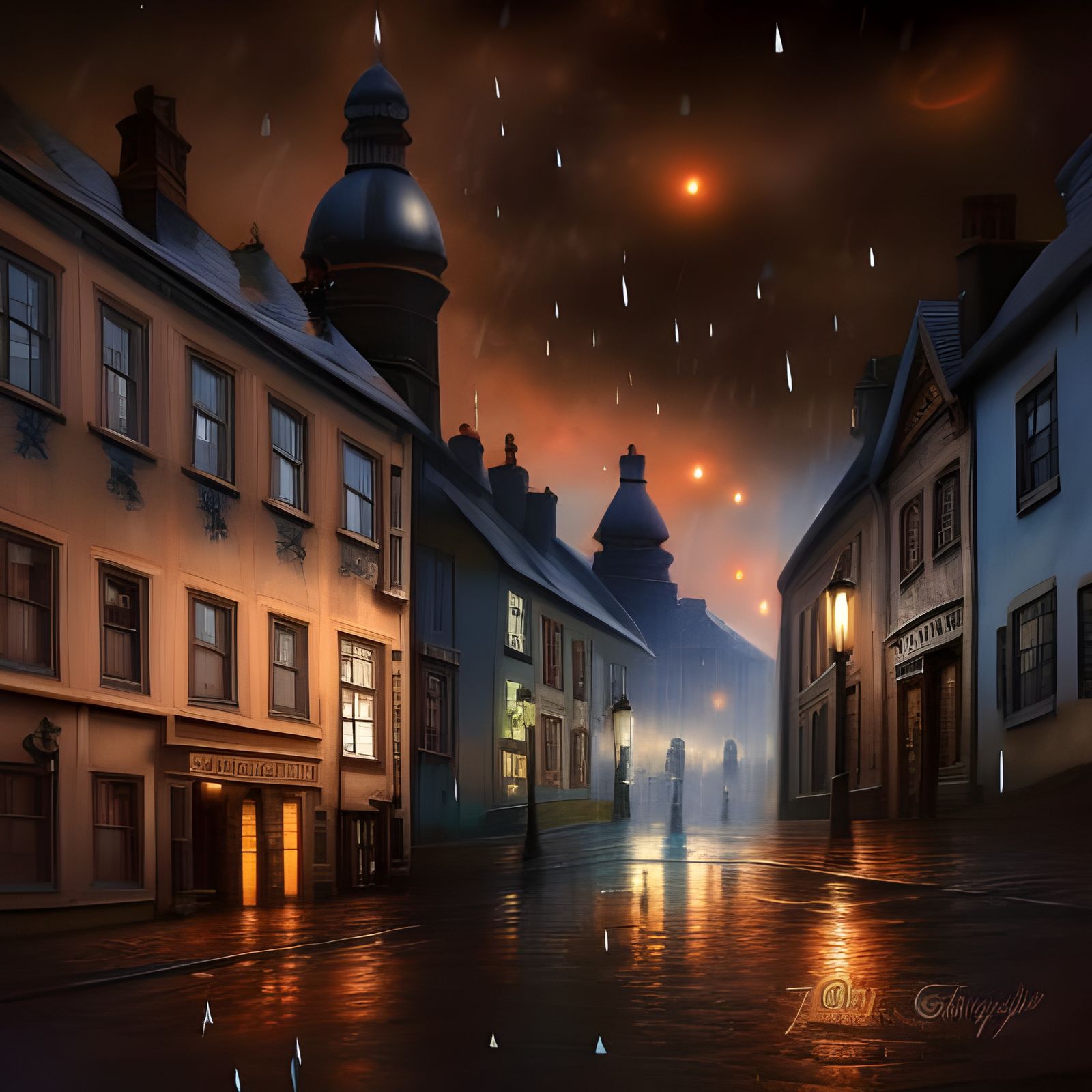 rainy city street cobblestone 19th century architecture beau...