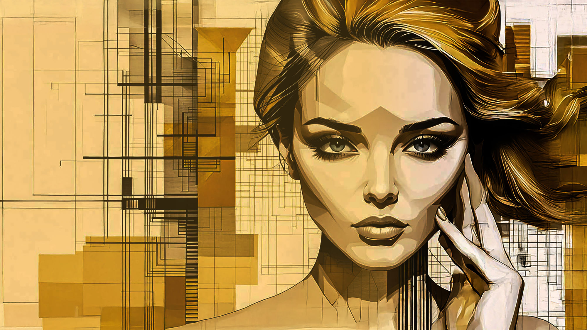 full view, Abstract ink sketch portrait of a woman's face, with hand on chin, blending realistic features with abstract geometric lines and ...