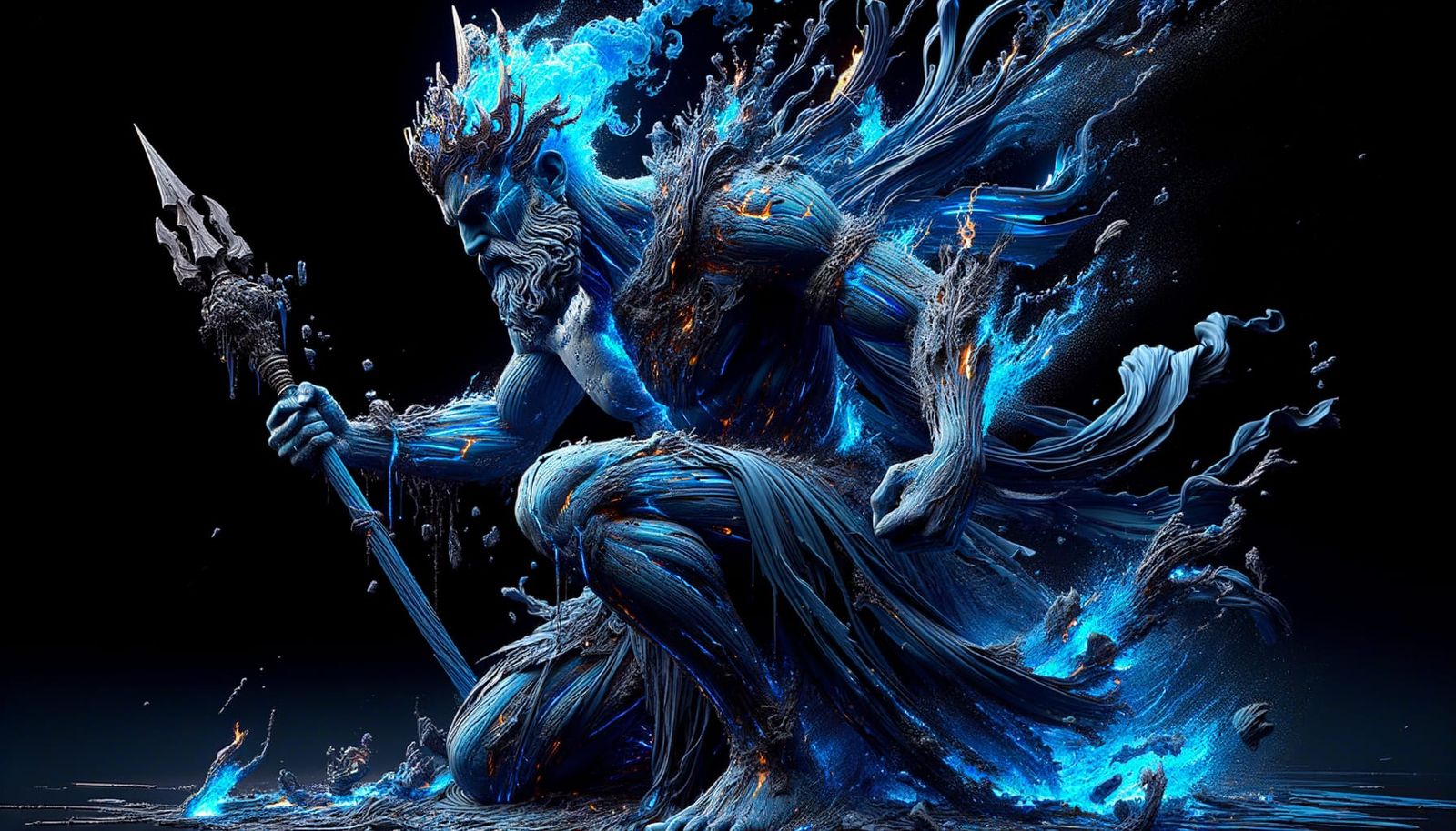 Azure Flame Deity Disintegrating: Hyperrealistic Digital Art