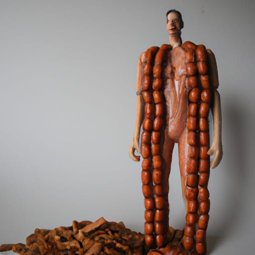 A man made of sausages, photorealistic, real life, sausage skin