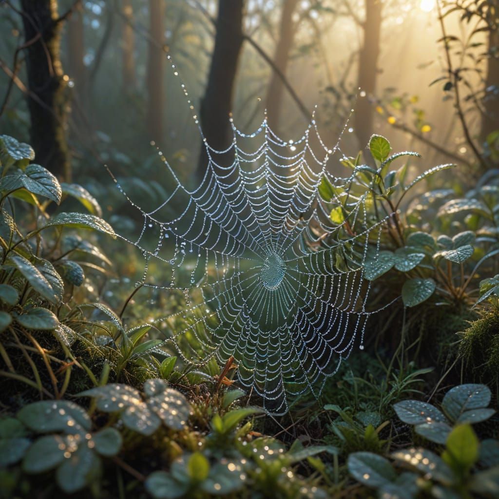 Dew-Covered Spider Web in Forest at Dawn