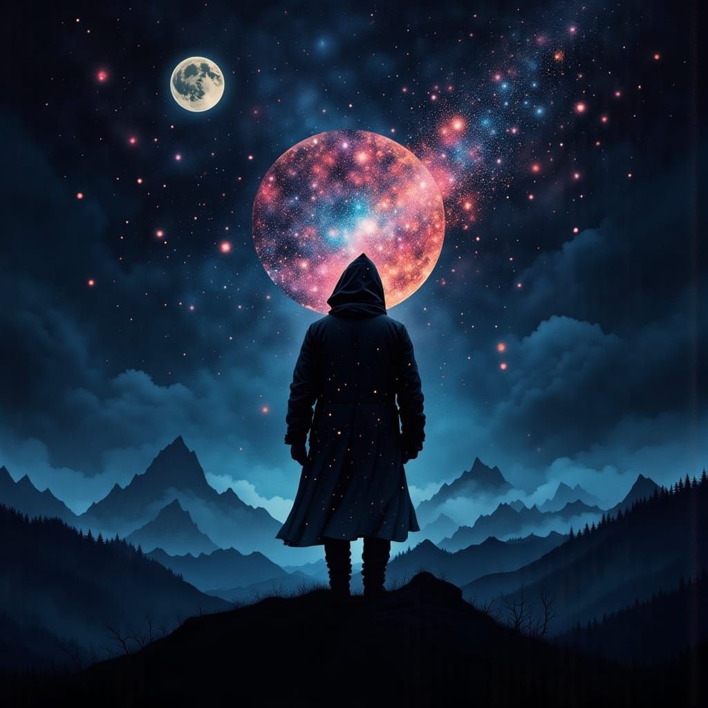 Mystic Silhouette Under Ethereal Cosmic Sky
