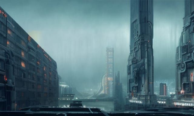 Massive, Dystopian, brutalist, futuristic, city, neon lighti...
