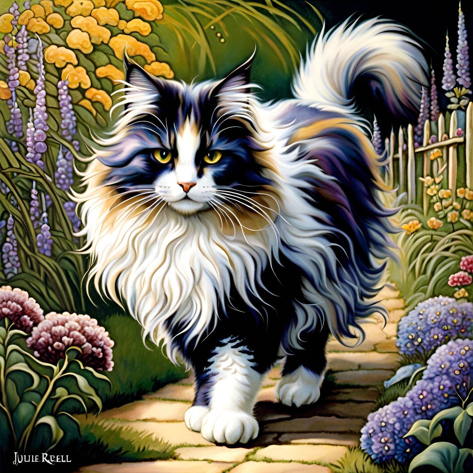 Beautiful calico fluffy fantasy cat, walking, garden path, a...
