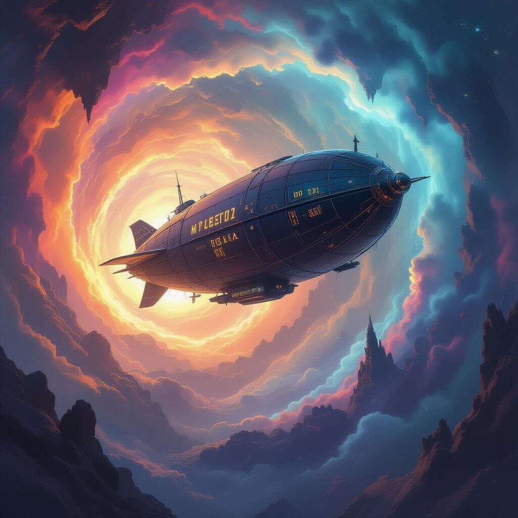 A lone, weathered airship drifts silently through a swirling vortex of vibrant, cosmic dust and fragmented realities. The airship's hull is ...