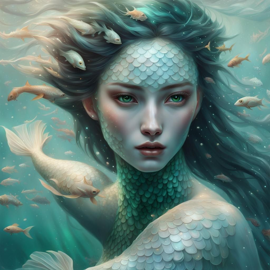 a mermaid with dark green eyes, a hyperrealistic painting, inspired by ...