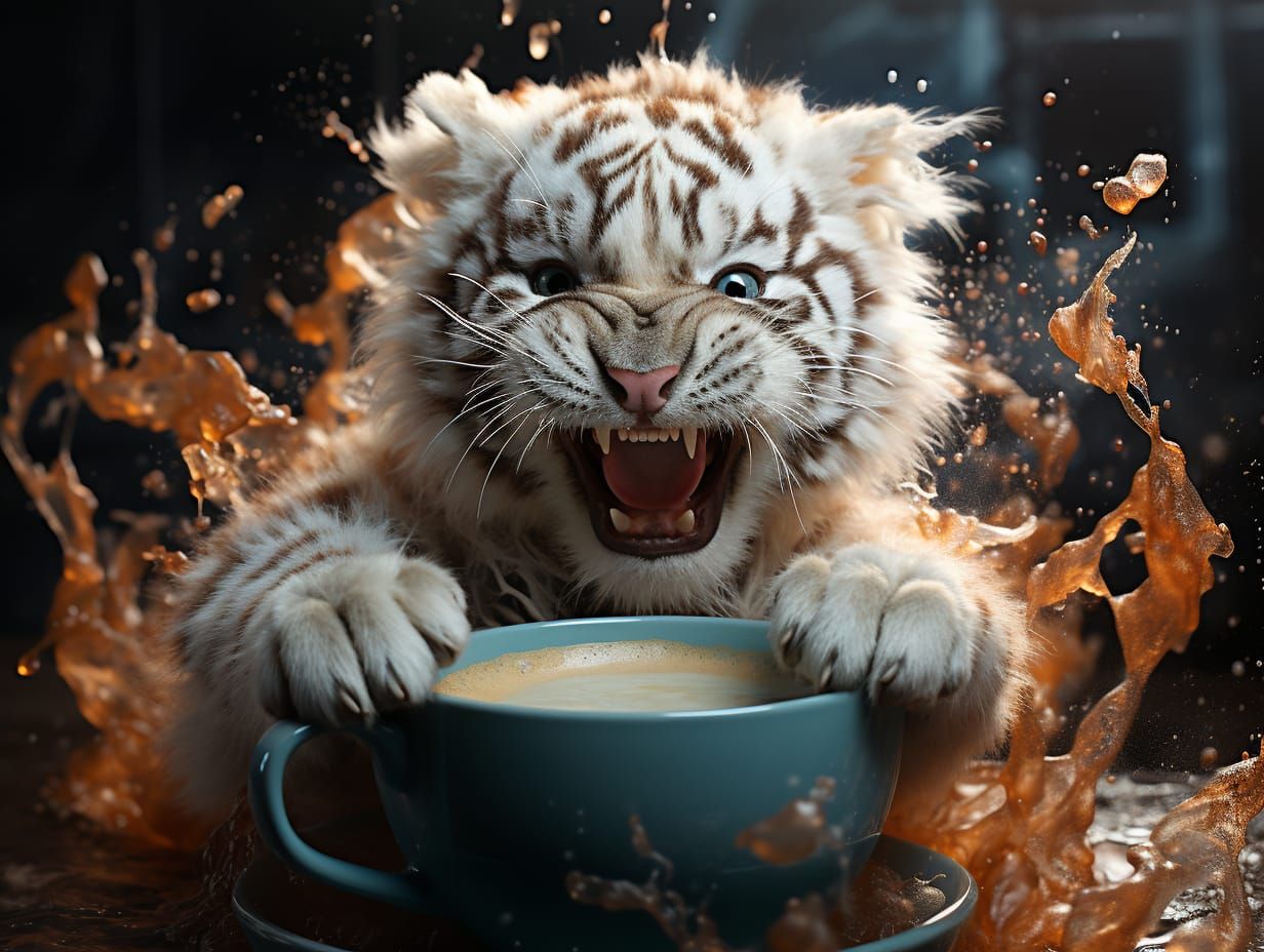 A tiger made out of marshmallow, leaping into a mug of hot c...