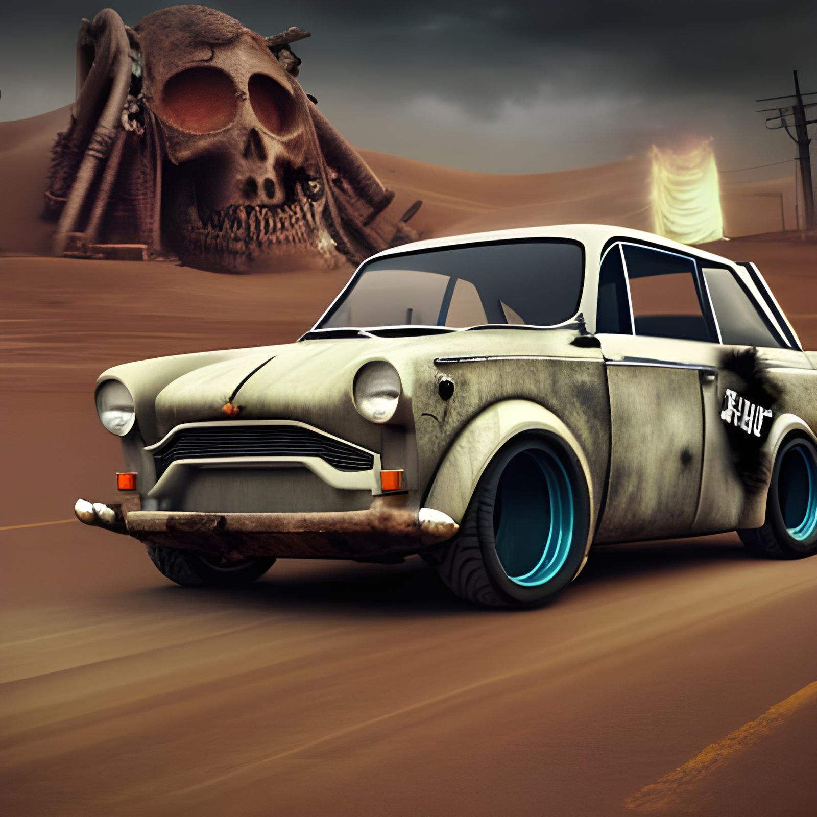 trabant 601 as a madmaxcar. hyperdetailed and hyperrealism