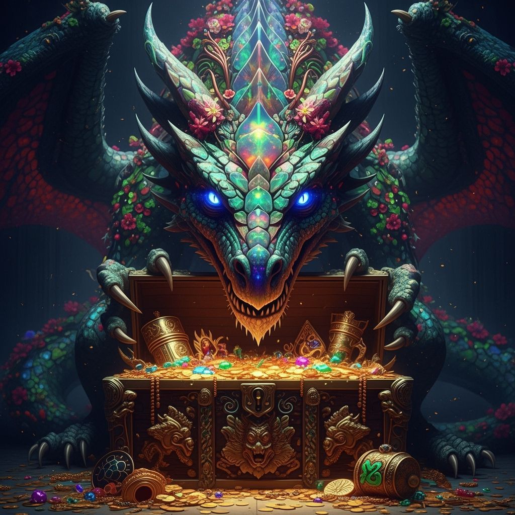 Cinematic film still.A hyperreal, realistic, photographic, imposing, Opal and floral dragon with stunning ...  by @DW