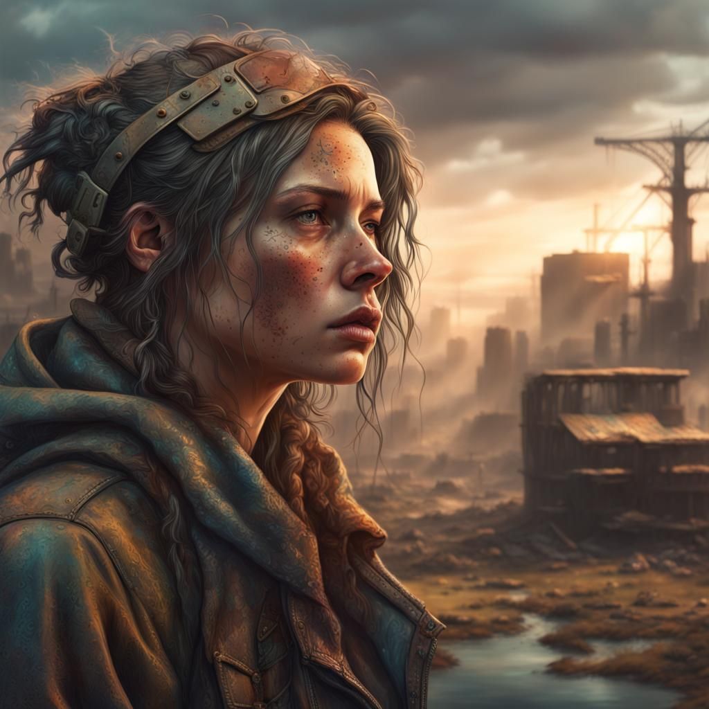 Post apocalyptic scenery with a woman looking sad, ultra realistic ...