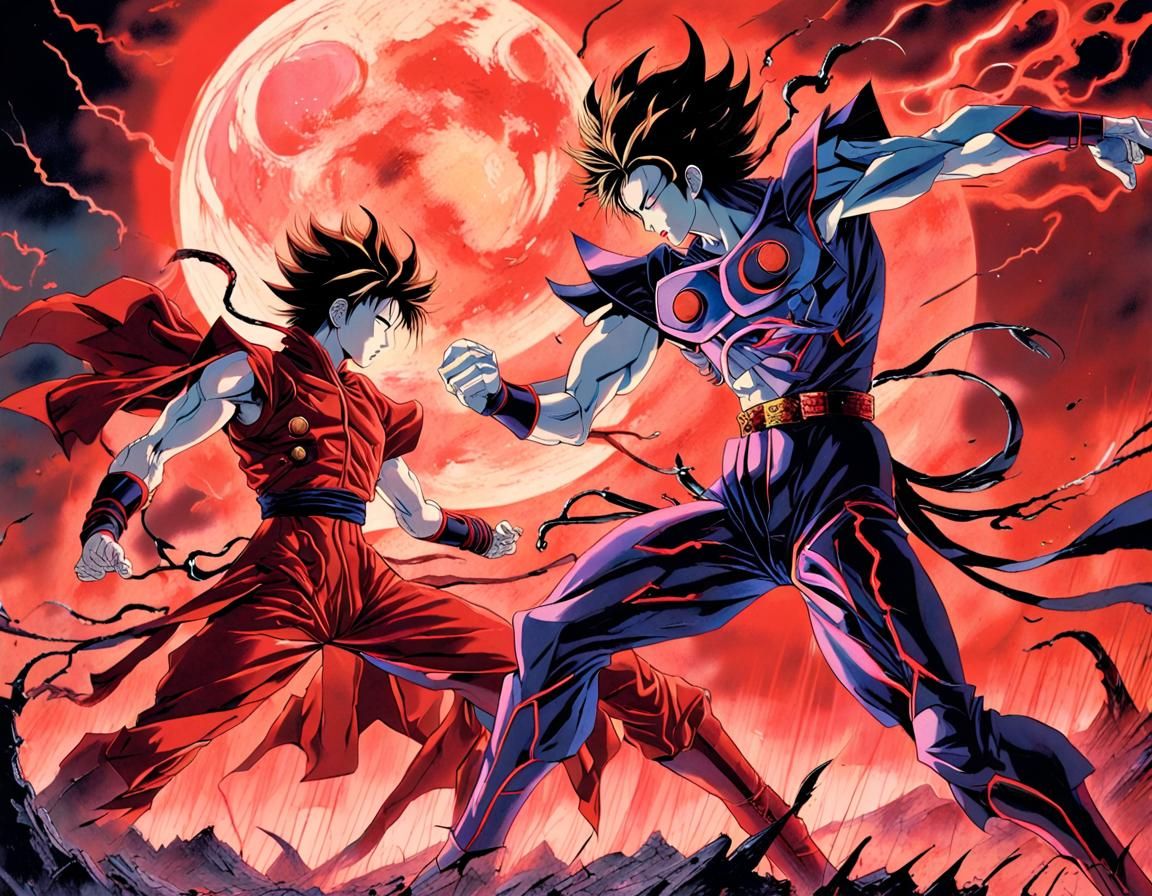 Art by Yoshitaka Amano, Hirohiko Araki, intense battle scene, iconic ...