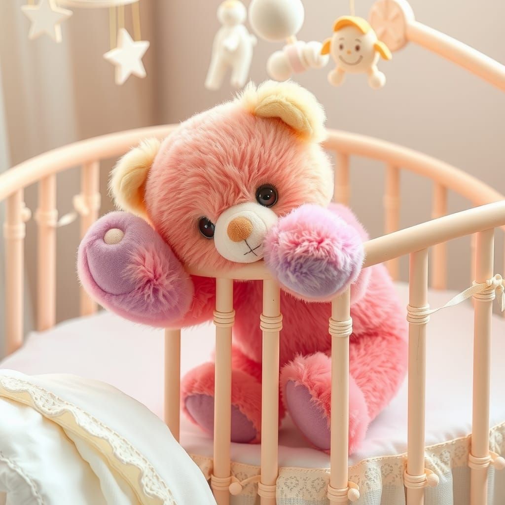 A curious, cute, and colorful teddy bear playfully climbs in and out of