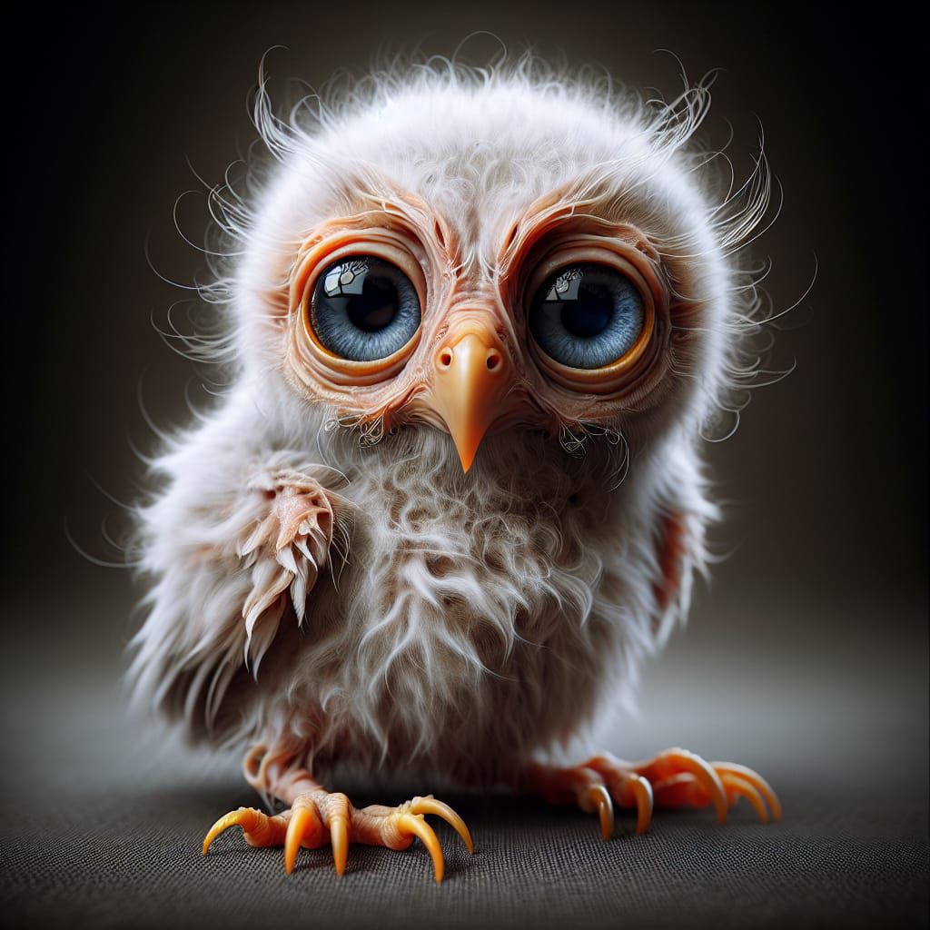 an adorably ugly baby owl with thin white fluff and no feathers and ...