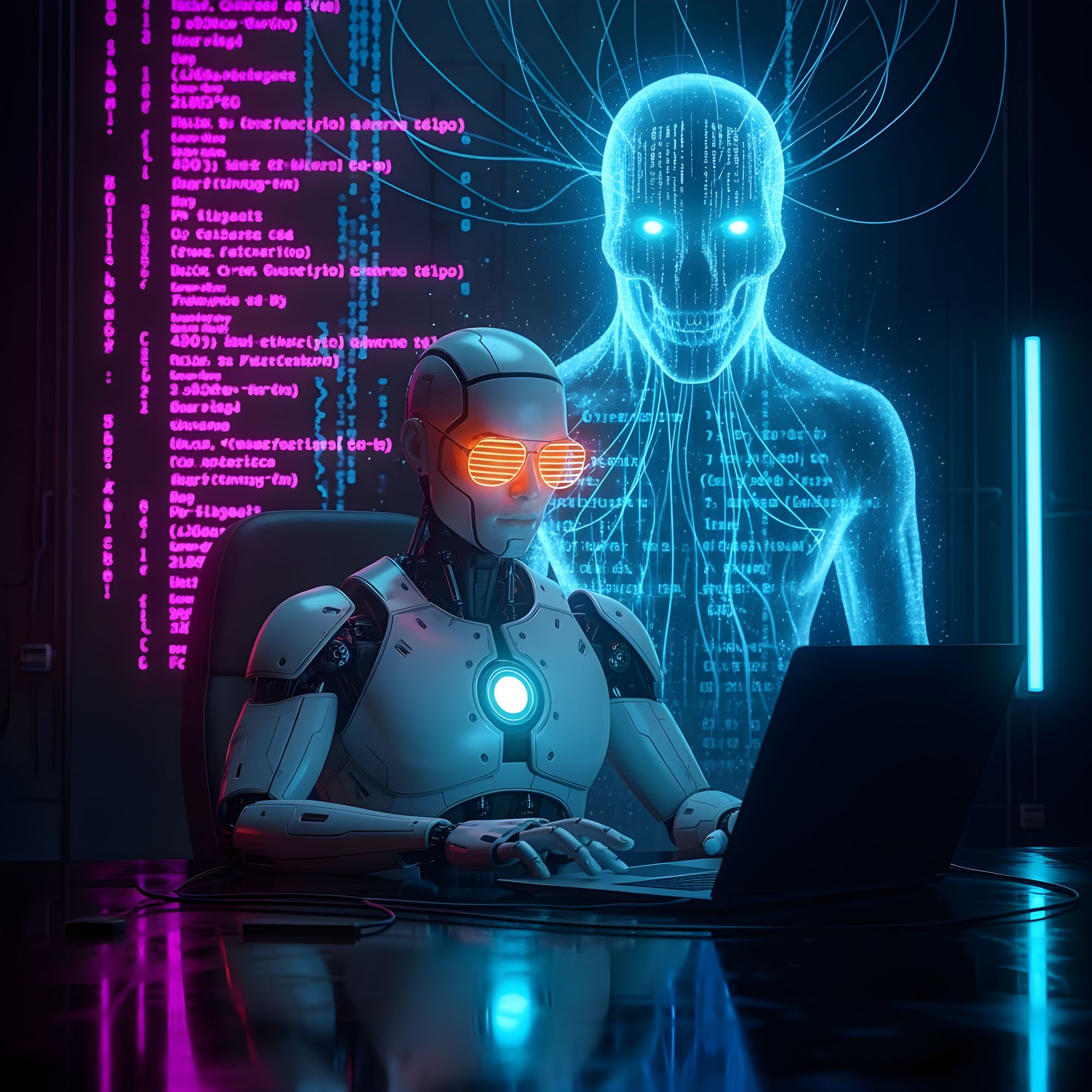 A futuristic humanoid robot typing on a laptop in a neon-lit cyberpunk coding lab, wearing glowing orange sunglasses and a central chest lig...