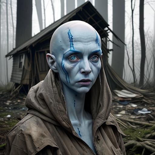 Extraterrestrial bald mutants with very pale dirty skin, blue eyes