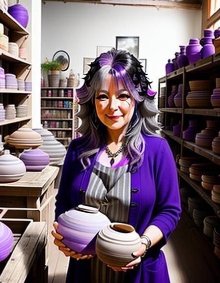 <lora:CreaturesNCharacters:1.0> Portrait of a vibrant middle aged woman (with streaks of gray and purple in her hair) :: Standing in a potte...