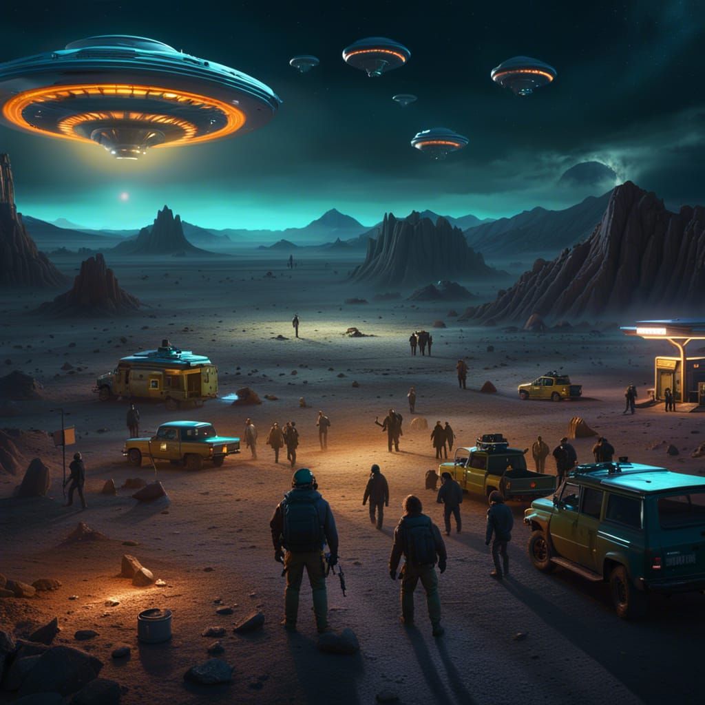 Area 51 At Night, Surrounded By Ufos, Ufos Landed, Beings Aliens 