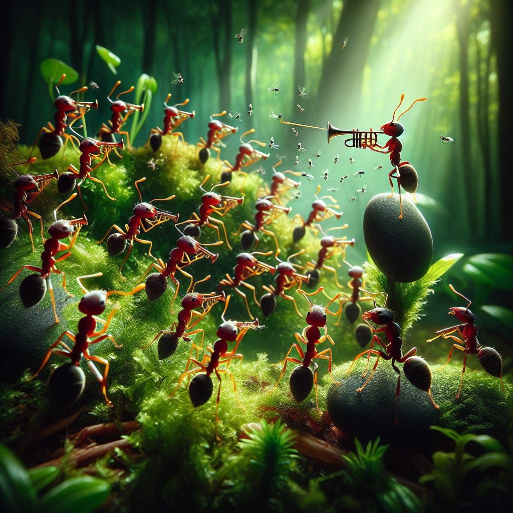 An orchestra of ants playing tiny instruments   by @Betty-Mae