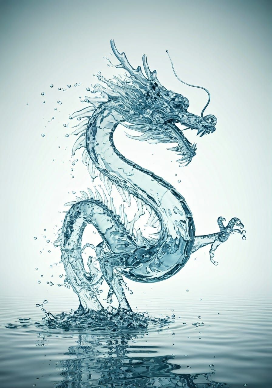 Realistic photo of a running chinese dragon made from clear water with waterdrops on white background ...  by @Amberly
