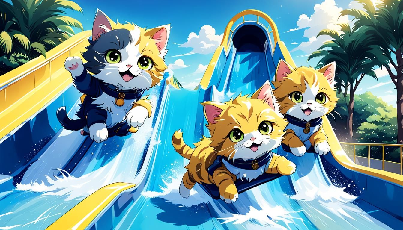 Fluffy kittens sliding down a waterslide at waterpark