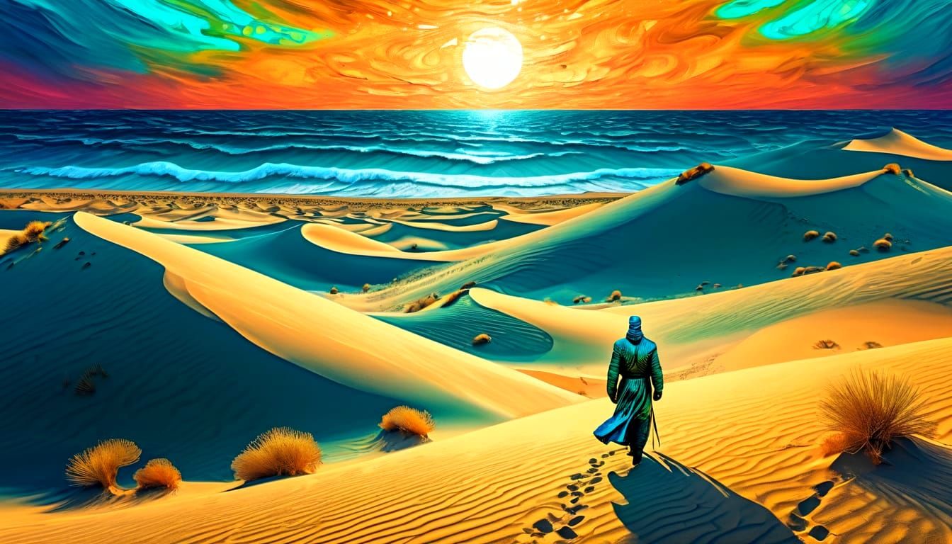 Lone Desert Wanderer in Surreal Sci-Fi Fusion