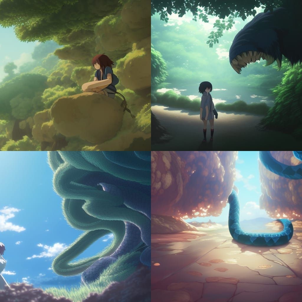 fluffy snake, Studio Ghibli, Anime Key Visual, by Makoto Shi...