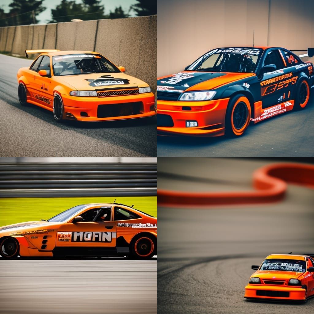 ORANGE JDM DRIFT CAR ON RACE TRACK SIDE VEIW