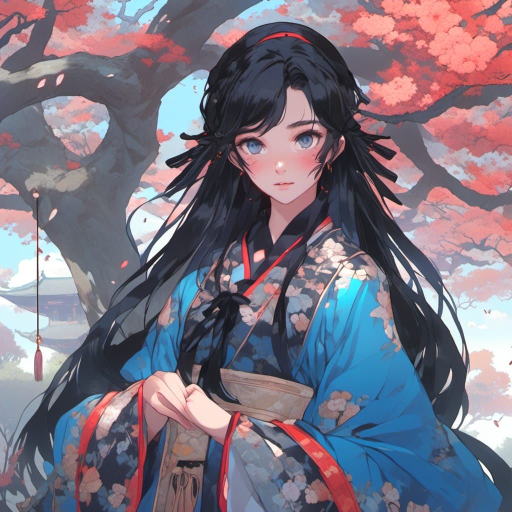 Pretty Chinese Girl with Long Hair in Anime Style