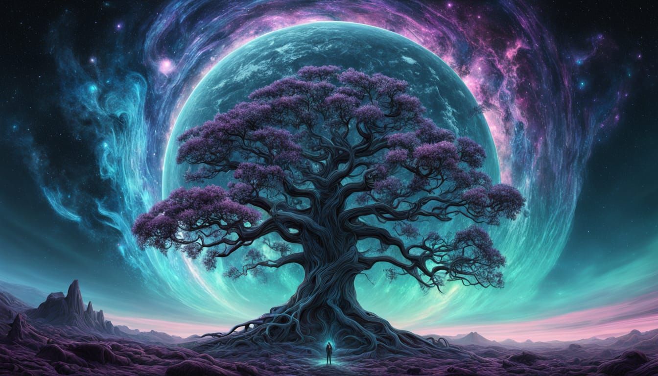 HYPERREALISTIC, CINEMATIC IMAGE. The tree of good and evil, terrifying in one part, kind and luminous ...  by @El faro loco