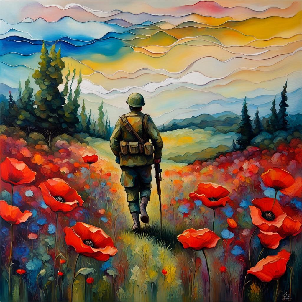 -wild poppy field alcohol inks transparent ghost of soldier walking ...