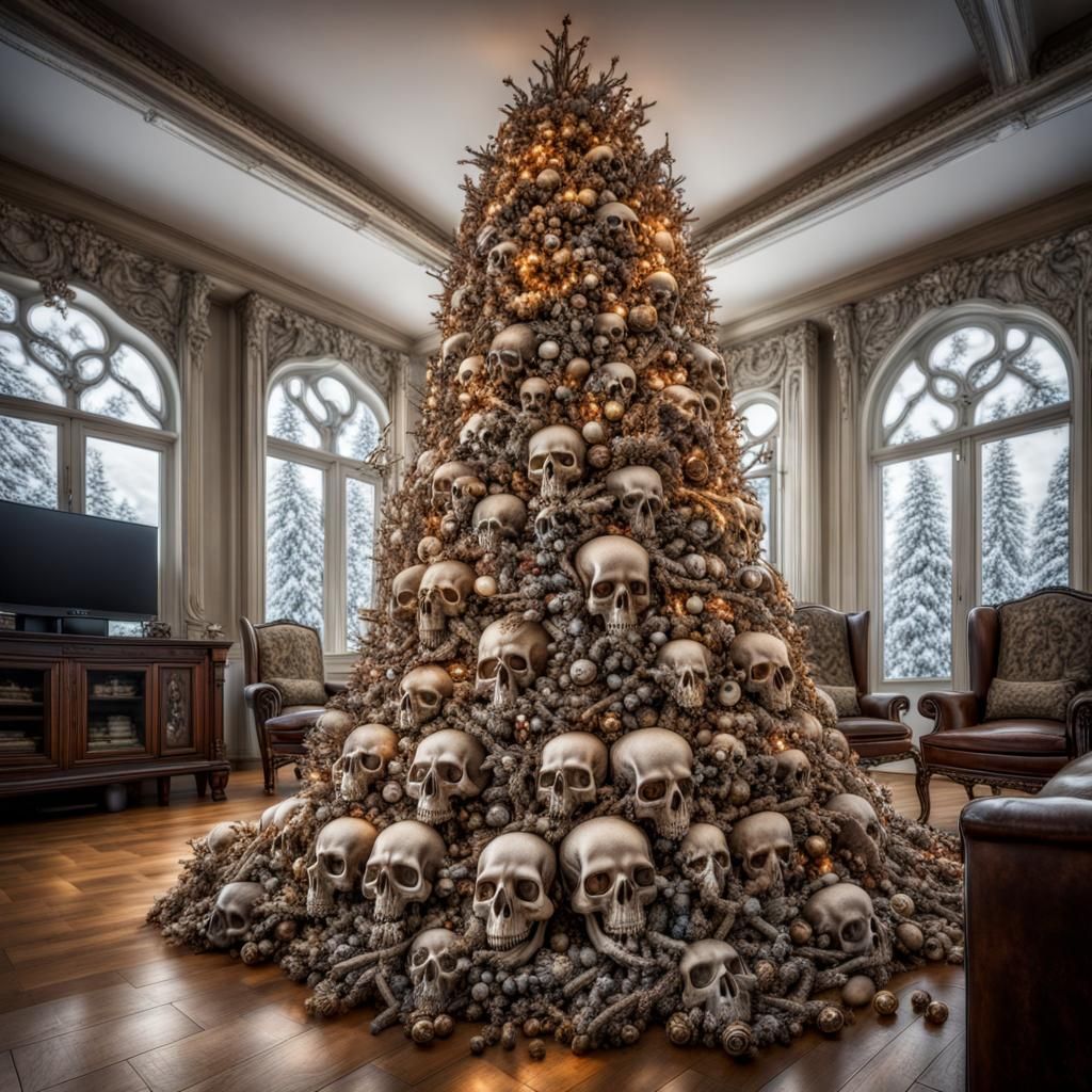 christmas-tree-made-of-skulls-and-bones-in-a-festive-living-room