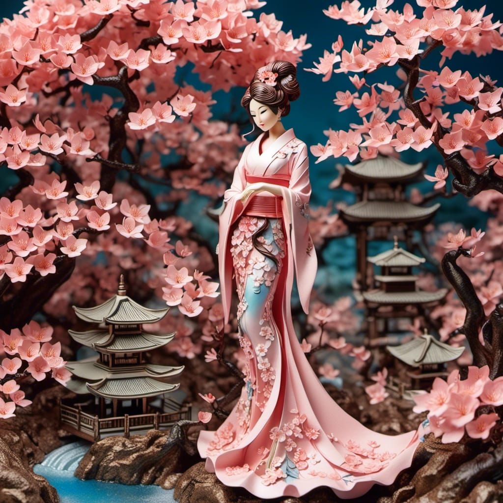 Japanese woman in a cherry blossom garden