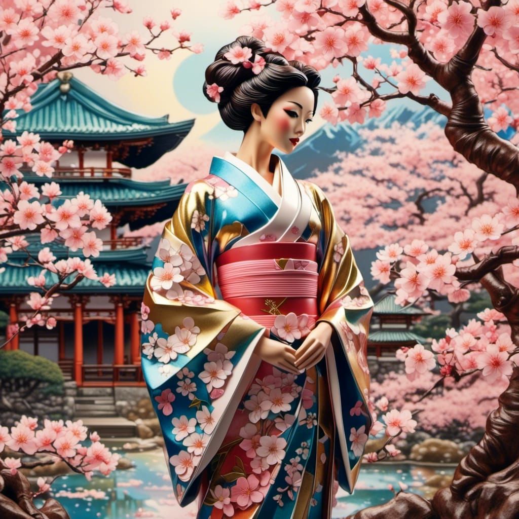 Japanese woman in a cherry blossom garden