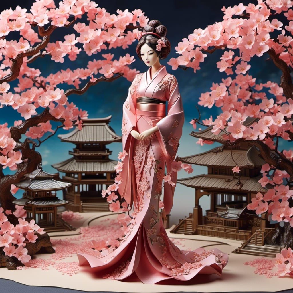 Japanese woman in a cherry blossom garden