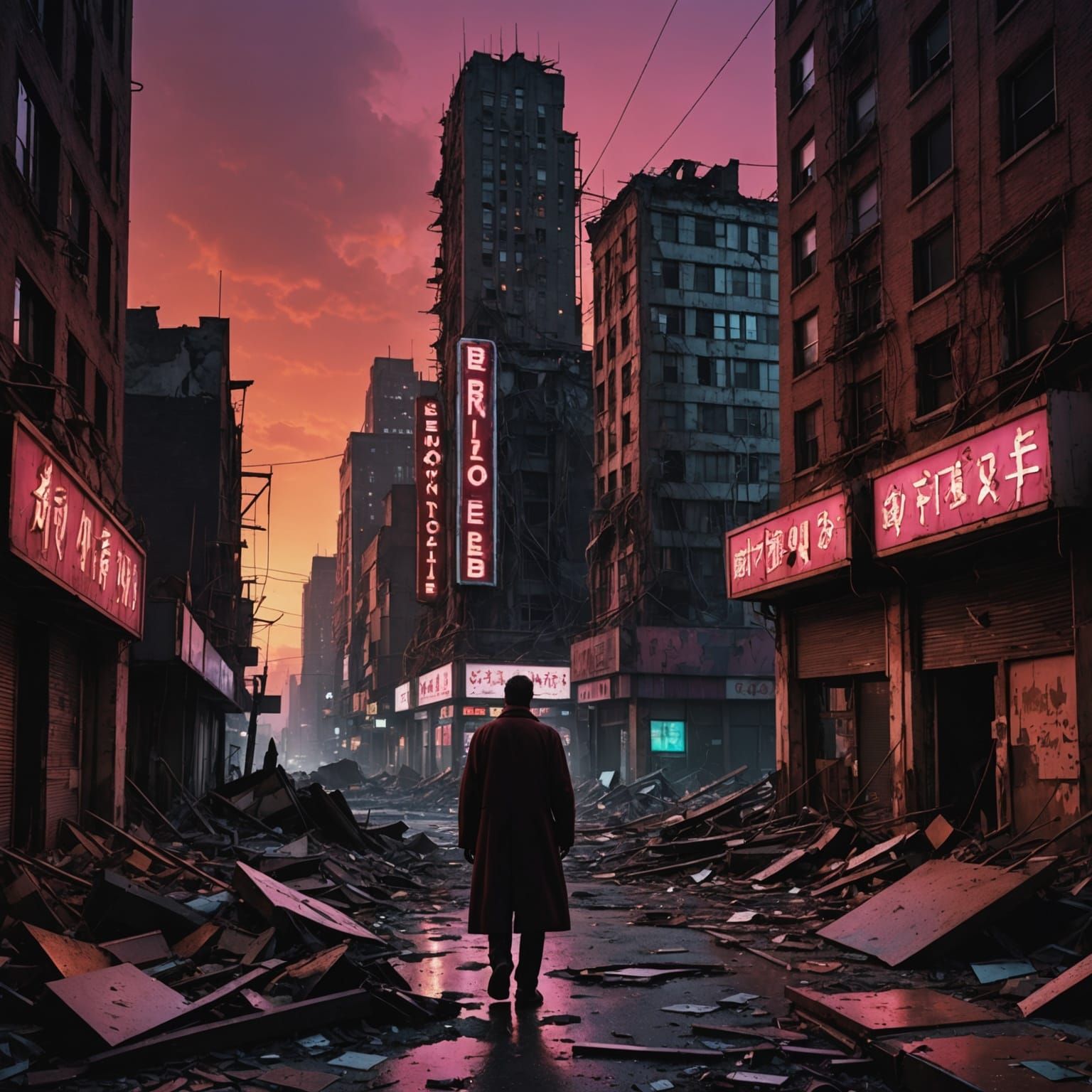 A sprawling, decaying metropolis under a crimson sky. The towering skyscrapers, once symbols of progress, are now crumbling, overtaken by cr...