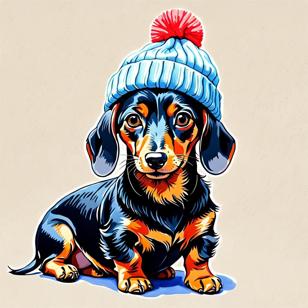 Dachshund wearing a beanie