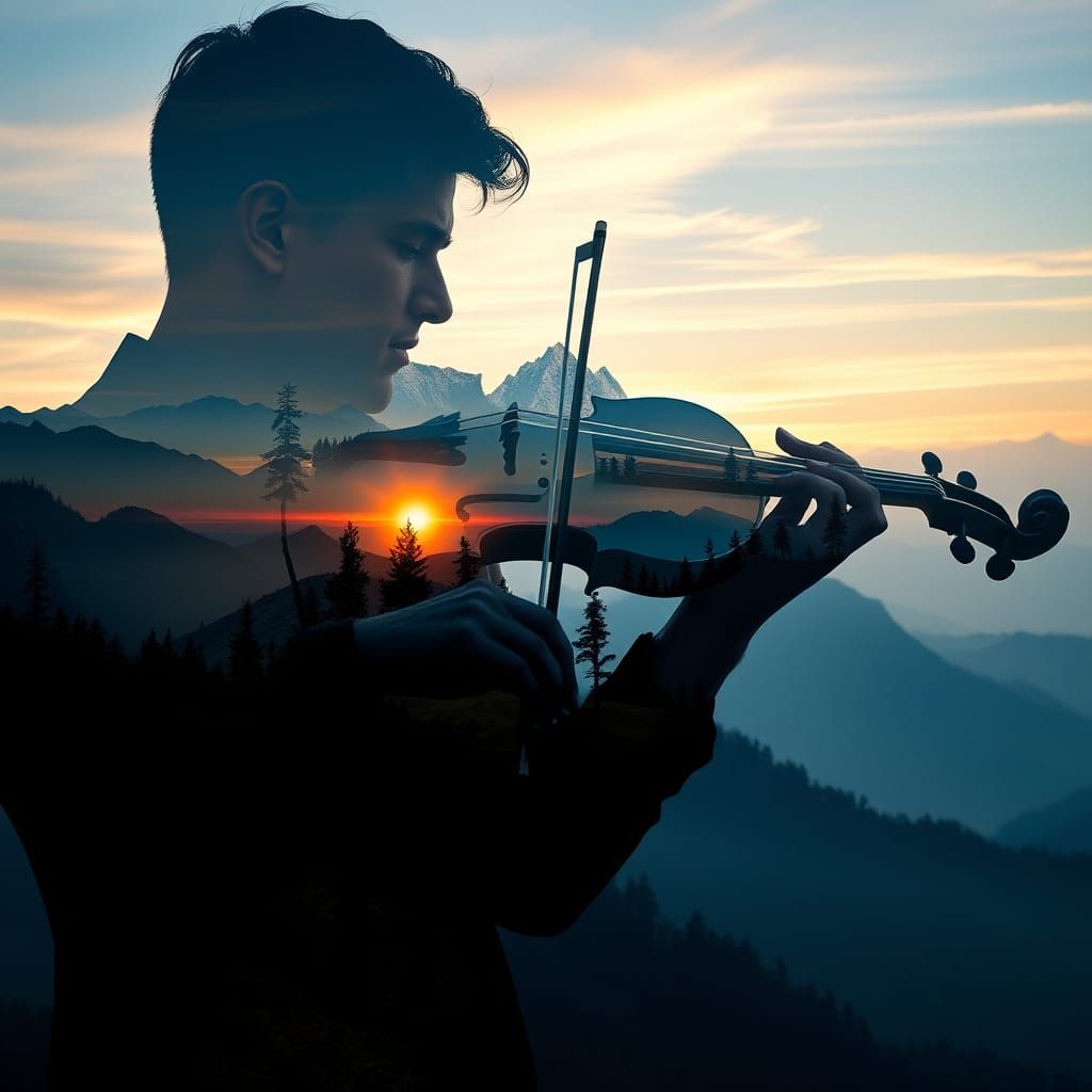 Violin Player Silhouette with Misty Mountain Landscape