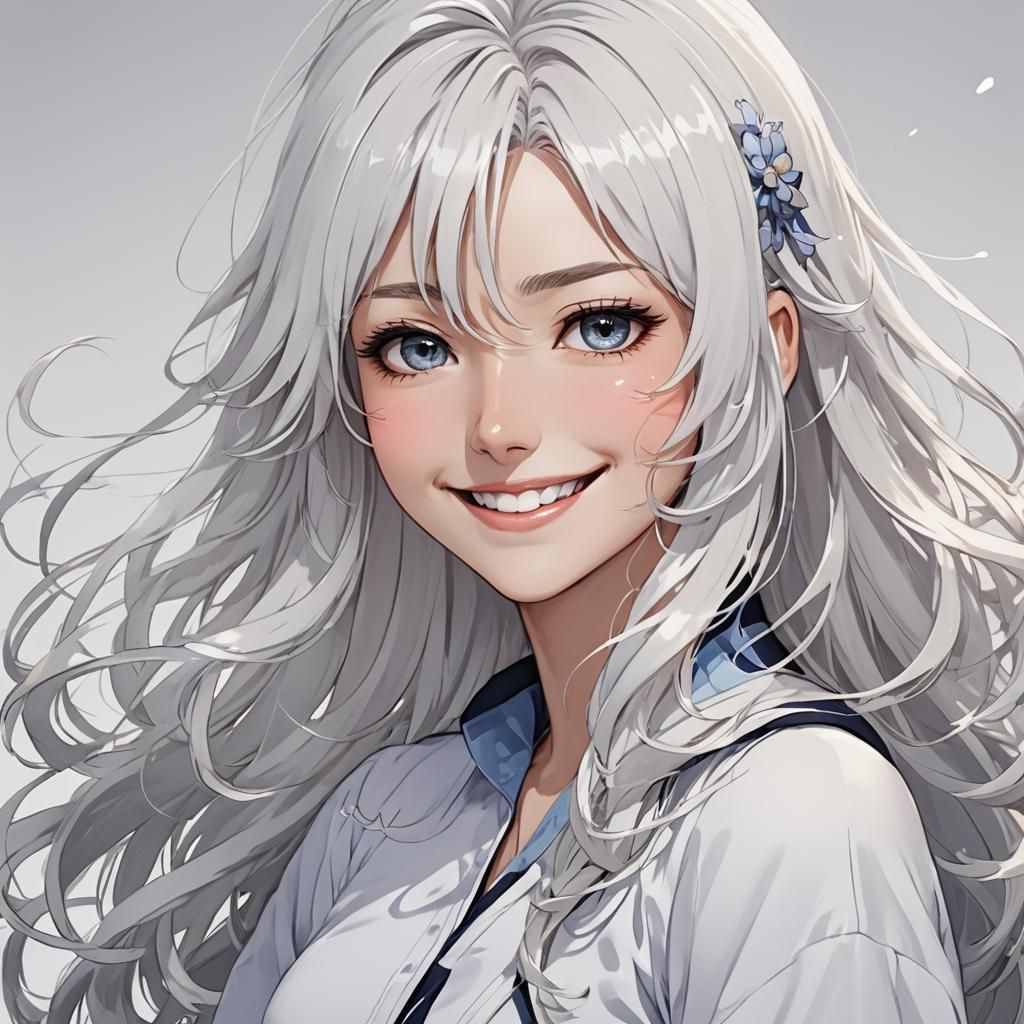 Girl with fully white hair smiling happily