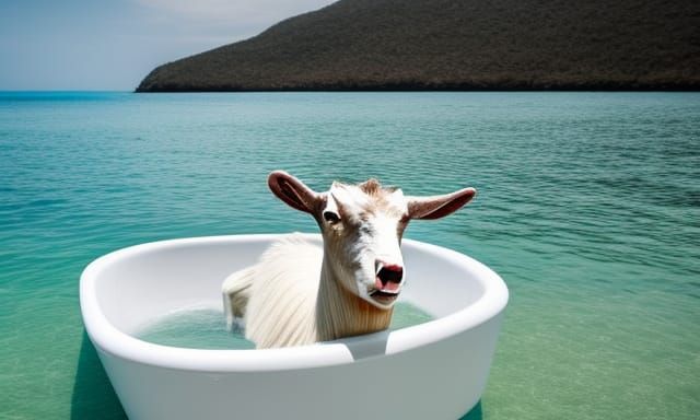 goat relaxing in a bathtub floating on the ocean.   by @RiffRaffMama