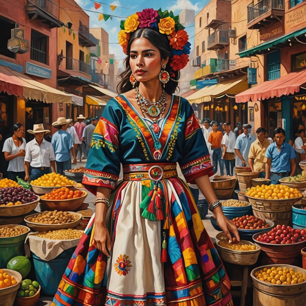 Create a oil on canvas, painting showcasing vibrant Mexican ethnic clothing, jewelry, and cultural elements ...  by @DecloDee