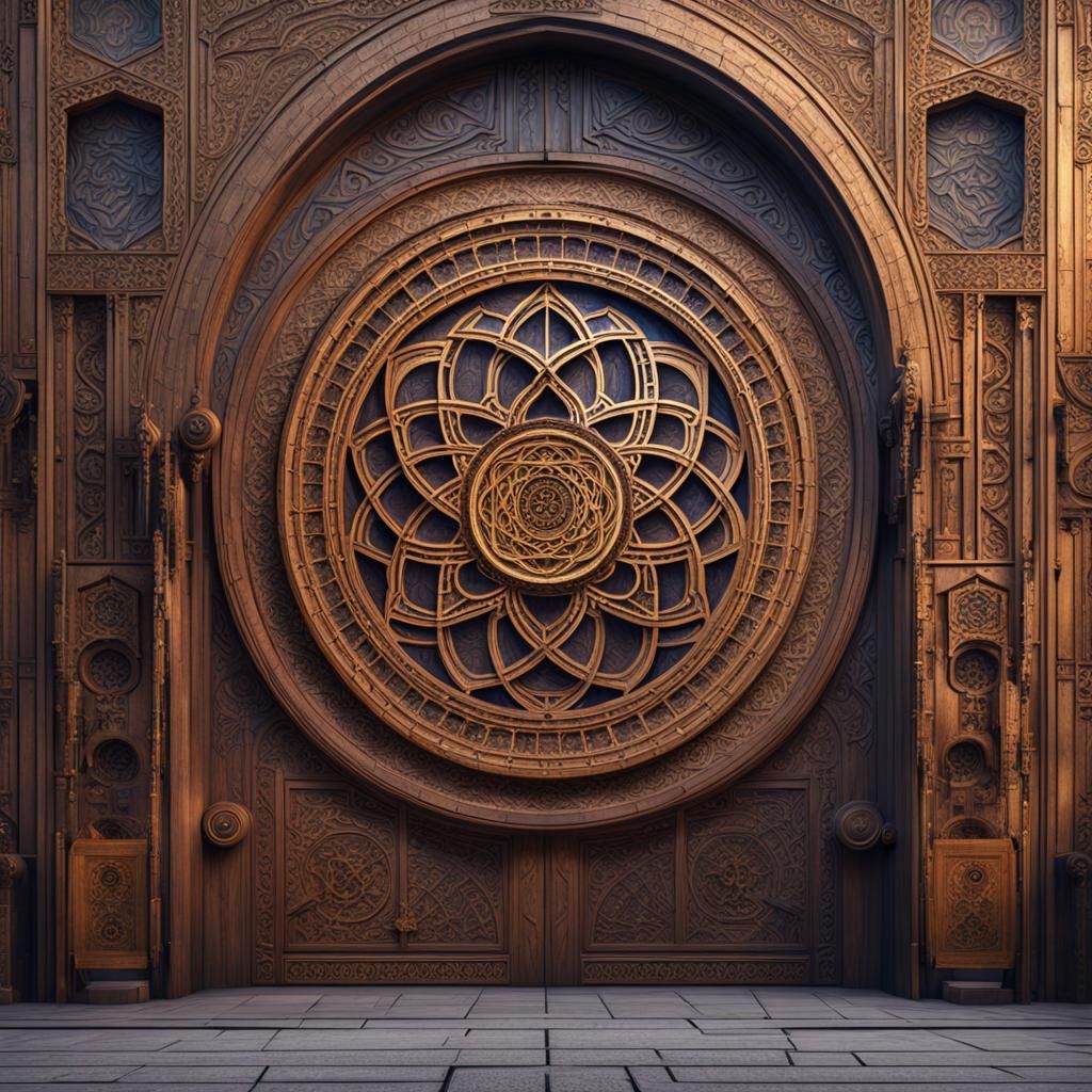 sacred geometry on huge wooden doors detailed matte painting, deep color, fantastical, intricate detail, ...  by @jimmyoutside