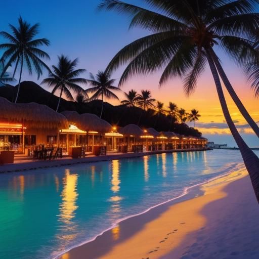 A beautiful wide-angle shot of a tropical beach at sunset. P...