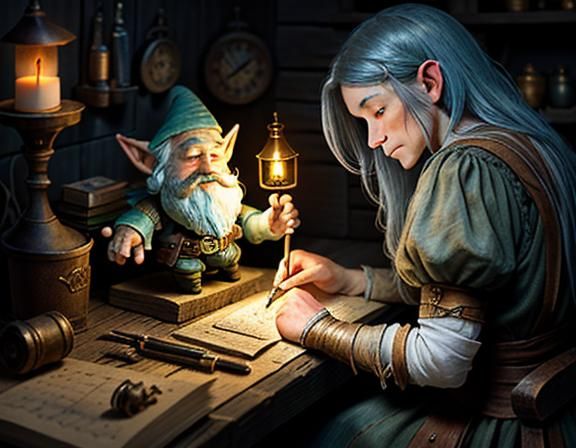 a female gnome repairing an automaton at a workbench. a mast...